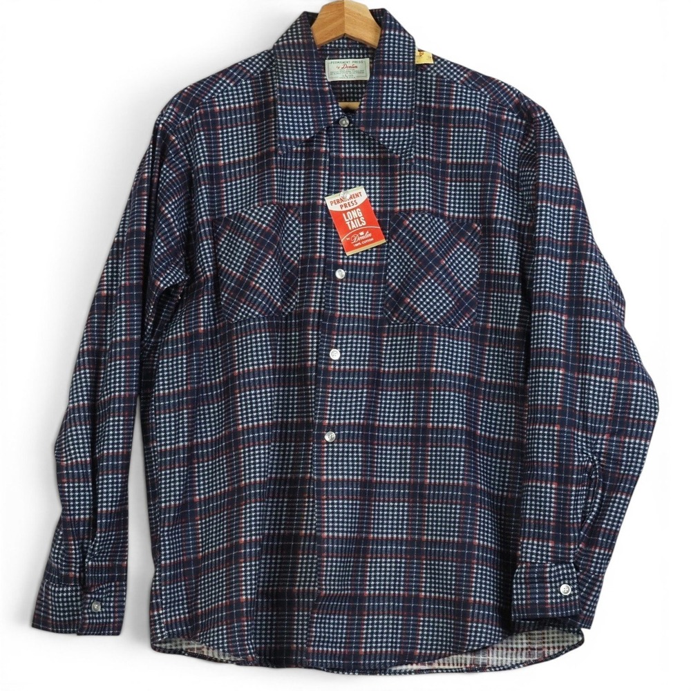 1970s Deadstock Mens Flannel Shirt L Blue Red Plaid USA NWT Donlin Costume Film